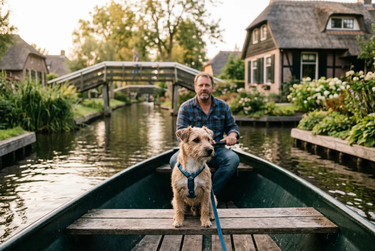 Kleiner Hund sitzt aufmerksam im Bug eines offenen Selbstfahrer-Elektrobootes auf einer Giethoorn Gracht, Besitzer steuert im Hintergrund, reetgedecktes Bauernhaus und Holzbrücke in weichem Licht
