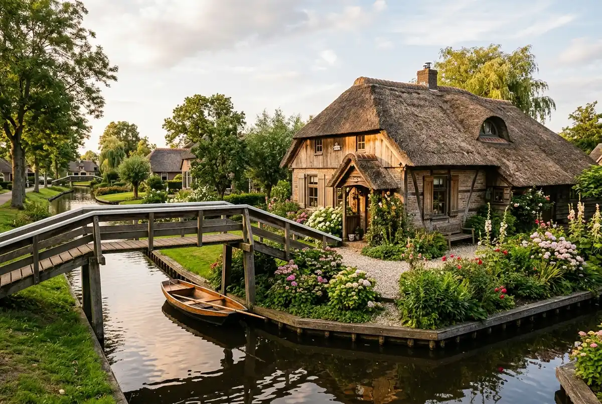 Giethoorn köyünde sazdan çatılı, yuvarlak hatlı bir çiftlik evinin yakın çekimi, küçük bir bahçe ve ahşap kemerli köprü, yumuşak öğleden sonra ışığı, masalsı bir atmosfer